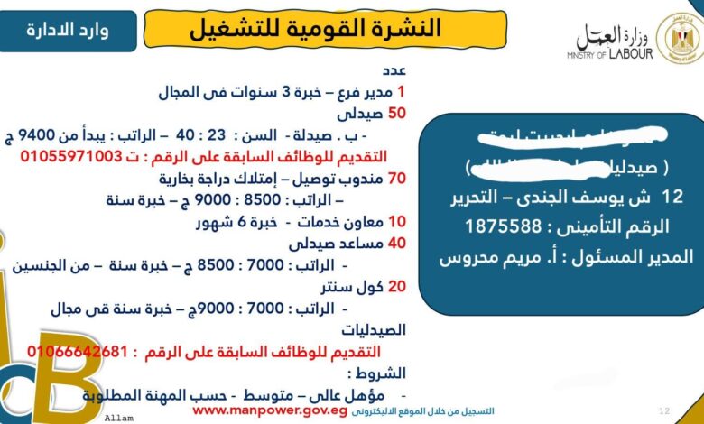 براتب يصل لـ9400 جنيه.. «العمل» تعلن 191 وظيفة في مجال الصيدلة 