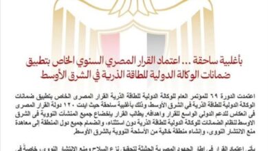 اعتماد قرار مصر بتطبيق ضمانات الوكالة الدولية للطاقة الذرية بالشرق الاوسط 