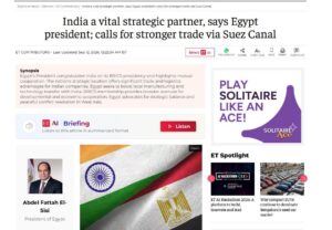 الرئيس السيسي في مقال لصحيفة The Economic Times: مصر شريك استراتيجي حيوي للهند 