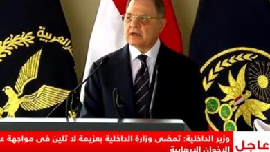 وزير الداخلية: الوزارة تمضي بعزيمة لا تلين في مواجهة عناصر الاخوان الارهابية